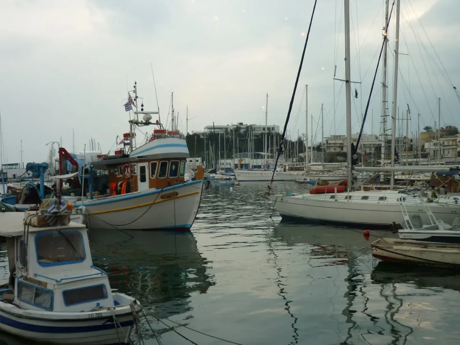 Fishing boats and waterfront at Mikrolimano harbour in Piraeus